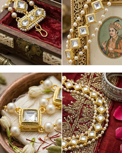 Kundan Pearl Matha Patti Headpiece, Gold Boho Bridal Wedding Hair Accessory