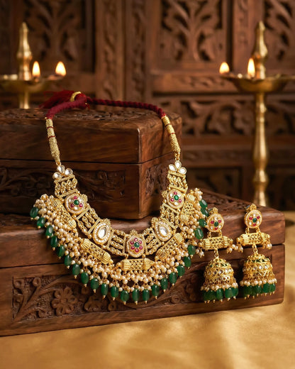 Bridal Kundan Necklace Set, Gold Plated Choker, Green Beaded Indian Wedding Jewelry