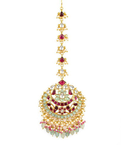 Bridal Kundan Maang Tikka, Green Pearl Beads Forehead Traditional Indian Wedding Jewelry