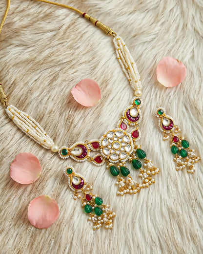 Elegant Pearl Beaded Necklace with Green Stone and Kundan Pendant, Handmade Indian Jewelry