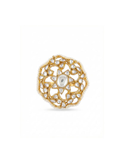 Adjustable Gold Kundan Pearl Ring, Indian Bridal Jewelry