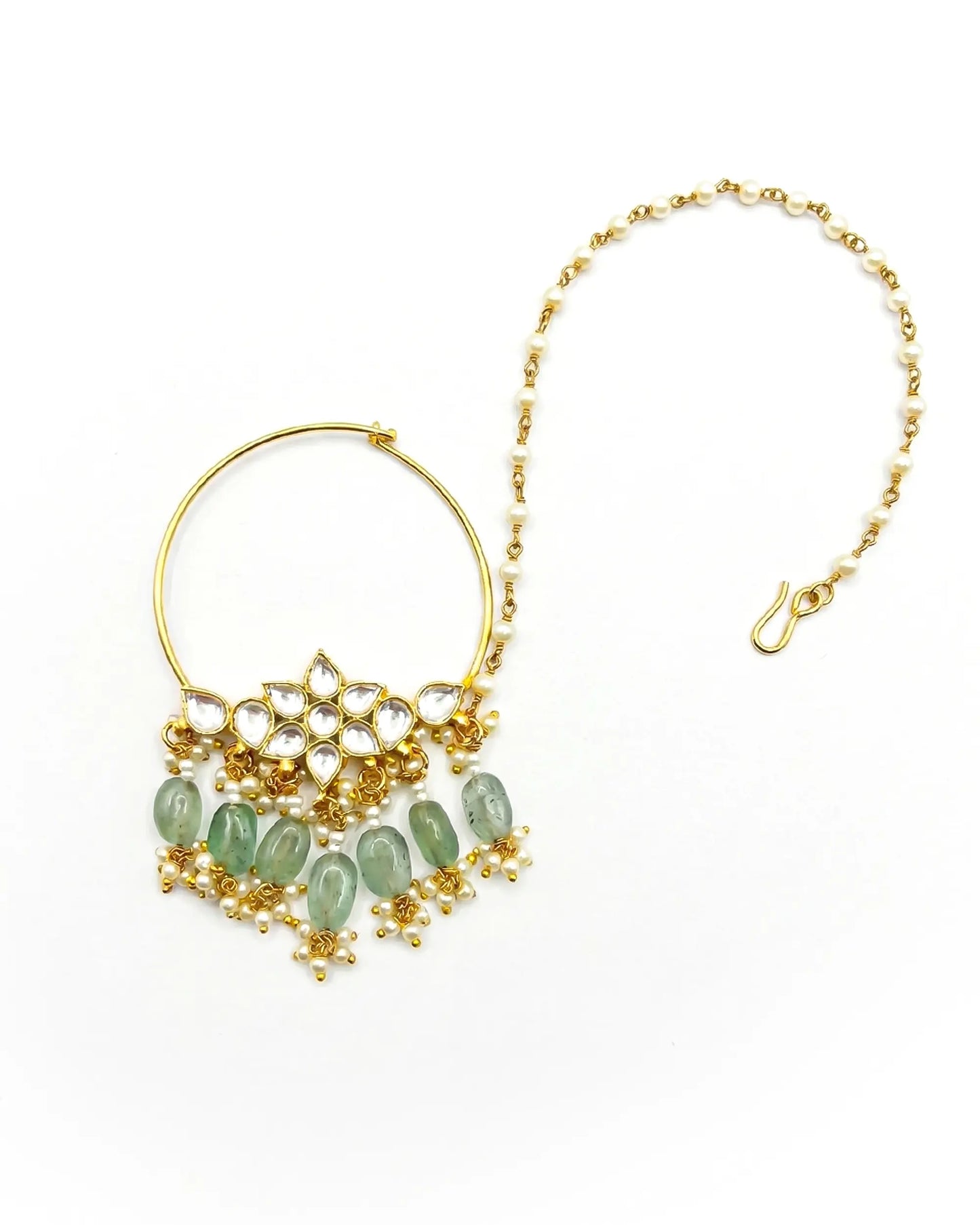 Floral Kundan Bridal Nath – Gold Plated Wedding Nose Ring with Pearl Chain