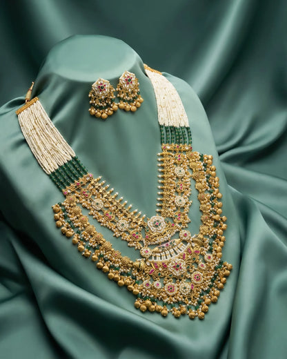 Antique Gold Plated Kundan Polki Necklace Earrings Set, Traditional Indian Bridal Jewelry