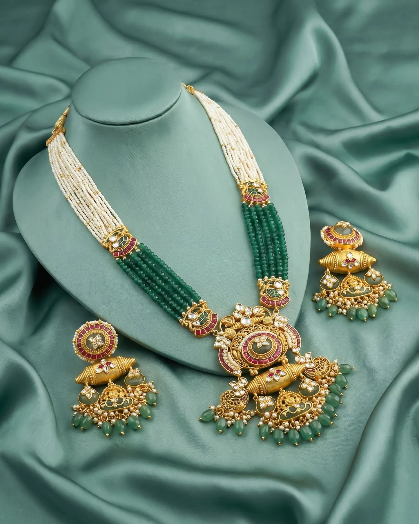 Green Kundan Bridal Necklace Set, Multi Strand Pearl, Antique Gold Indian Wedding Jewelry
