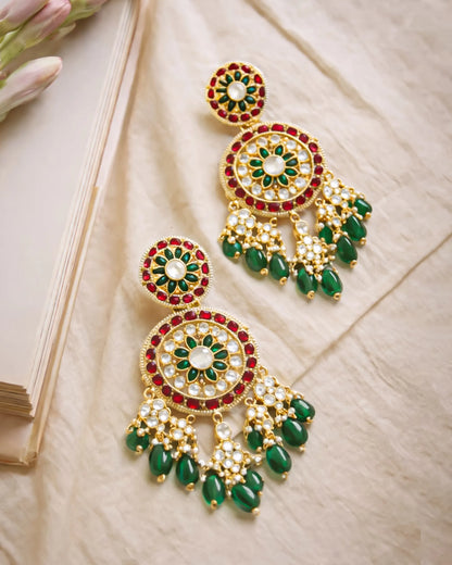 Long Gold-Plated Polki Jadau Earrings, Green Bead Drops Floral Jewelry