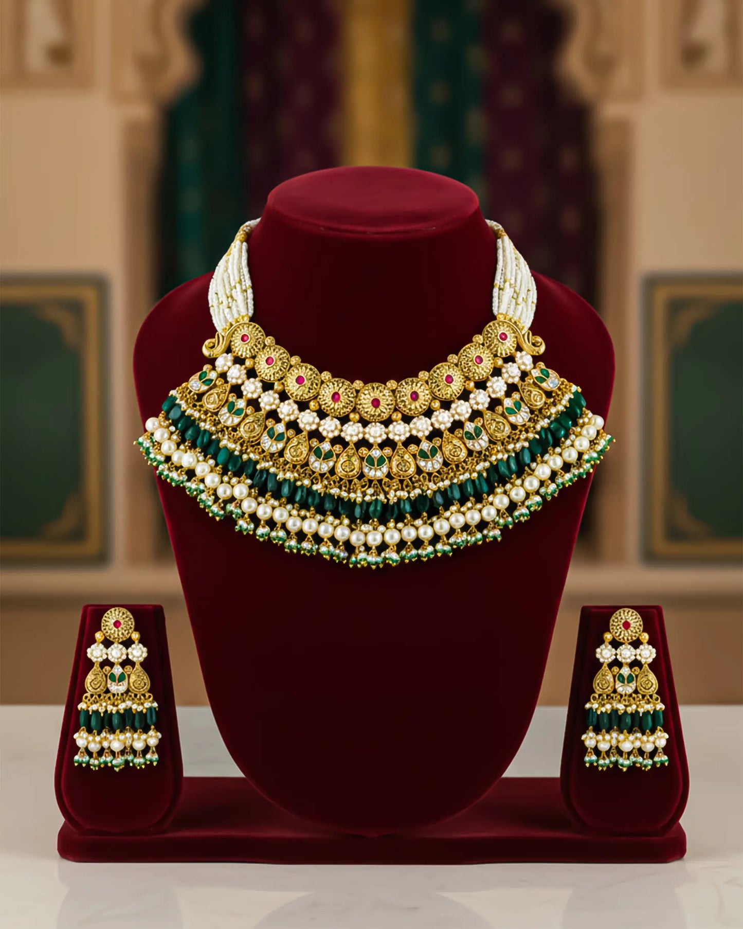Bridal Pearl Choker Necklace Set, Gold Indian Wedding Jewelry, Kundan Style