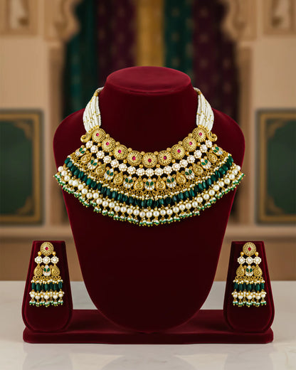 Bridal Pearl Choker Necklace Set, Gold Indian Wedding Jewelry, Kundan Style