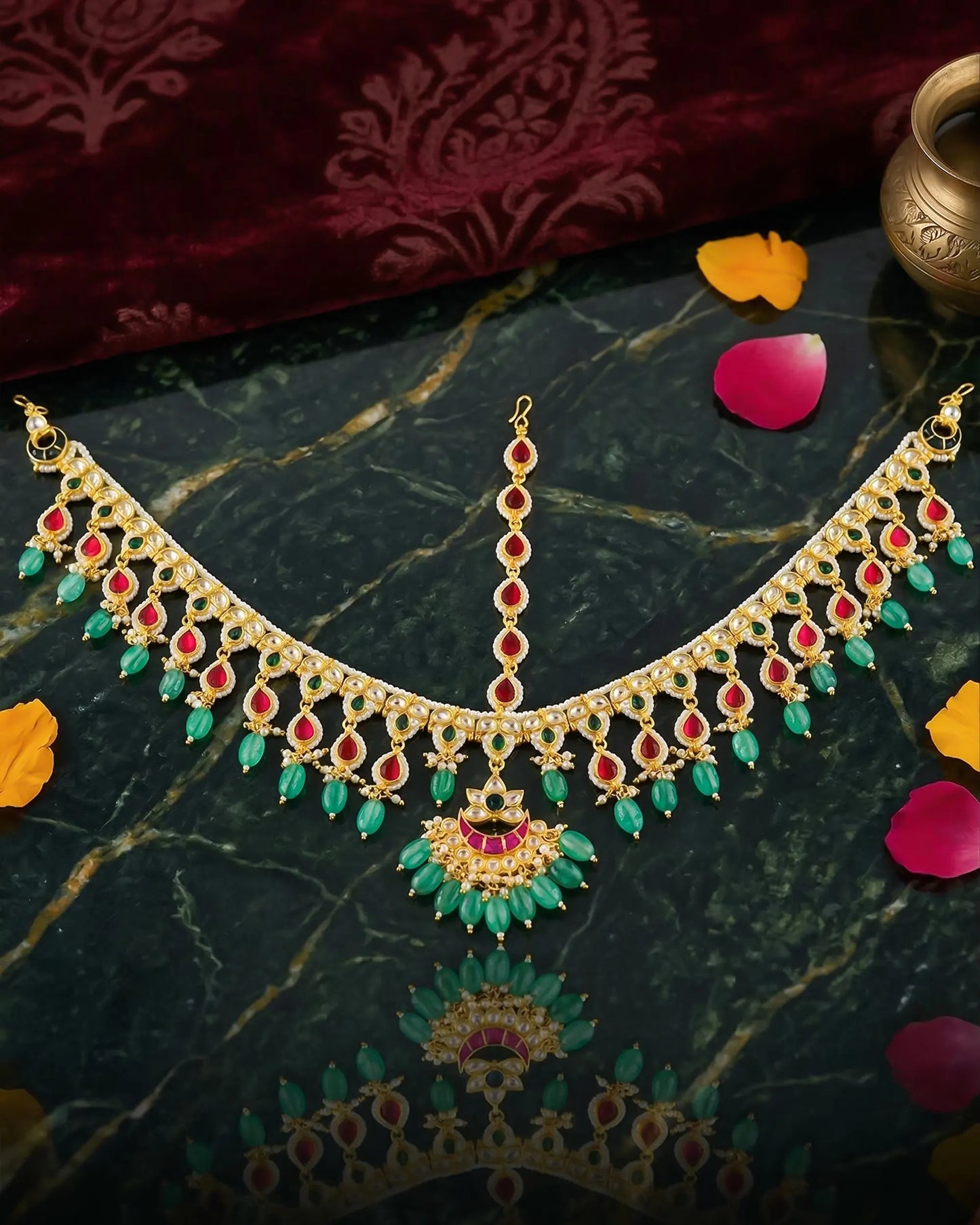 Indian Bridal Kundan Pearl Sheeshpatti Matha Patti Headpiece, Gold Wedding Tikka with Ruby & Green Stones, Bridal Hair Accessory