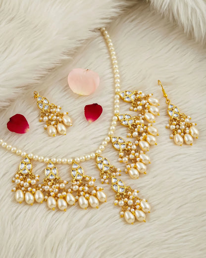 Kundan Meenakari Pearl Necklace Set with Dangle Earrings, Gold Tone Bridal Jewelry