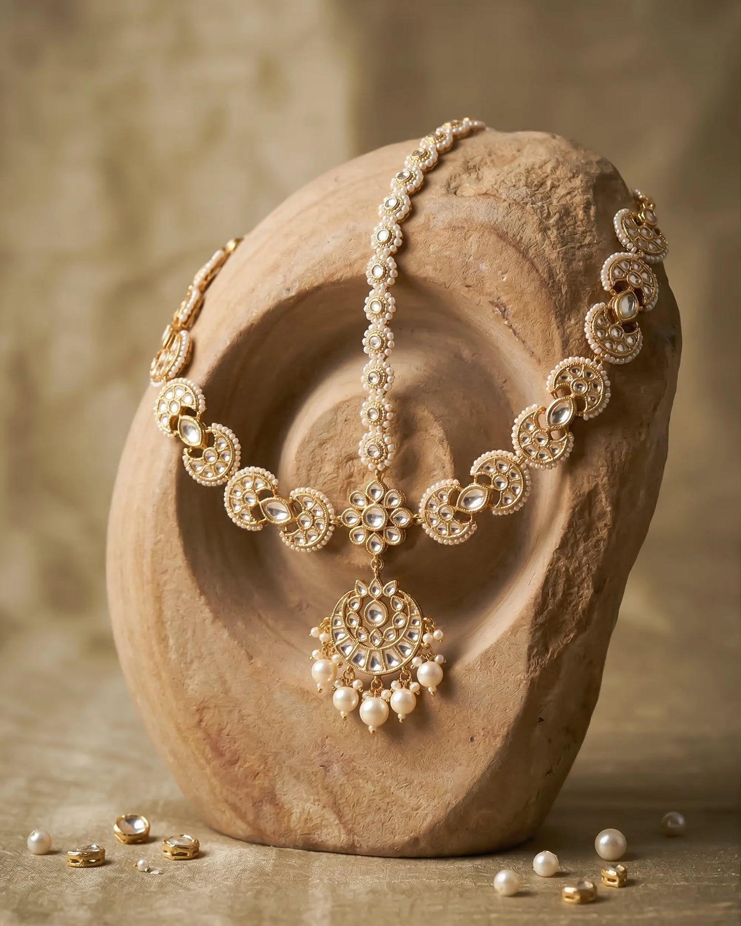 Kundan Sheeshpatti with Maang Tikka, Pearl Bridal Headpiece, Indian Wedding Jewelry