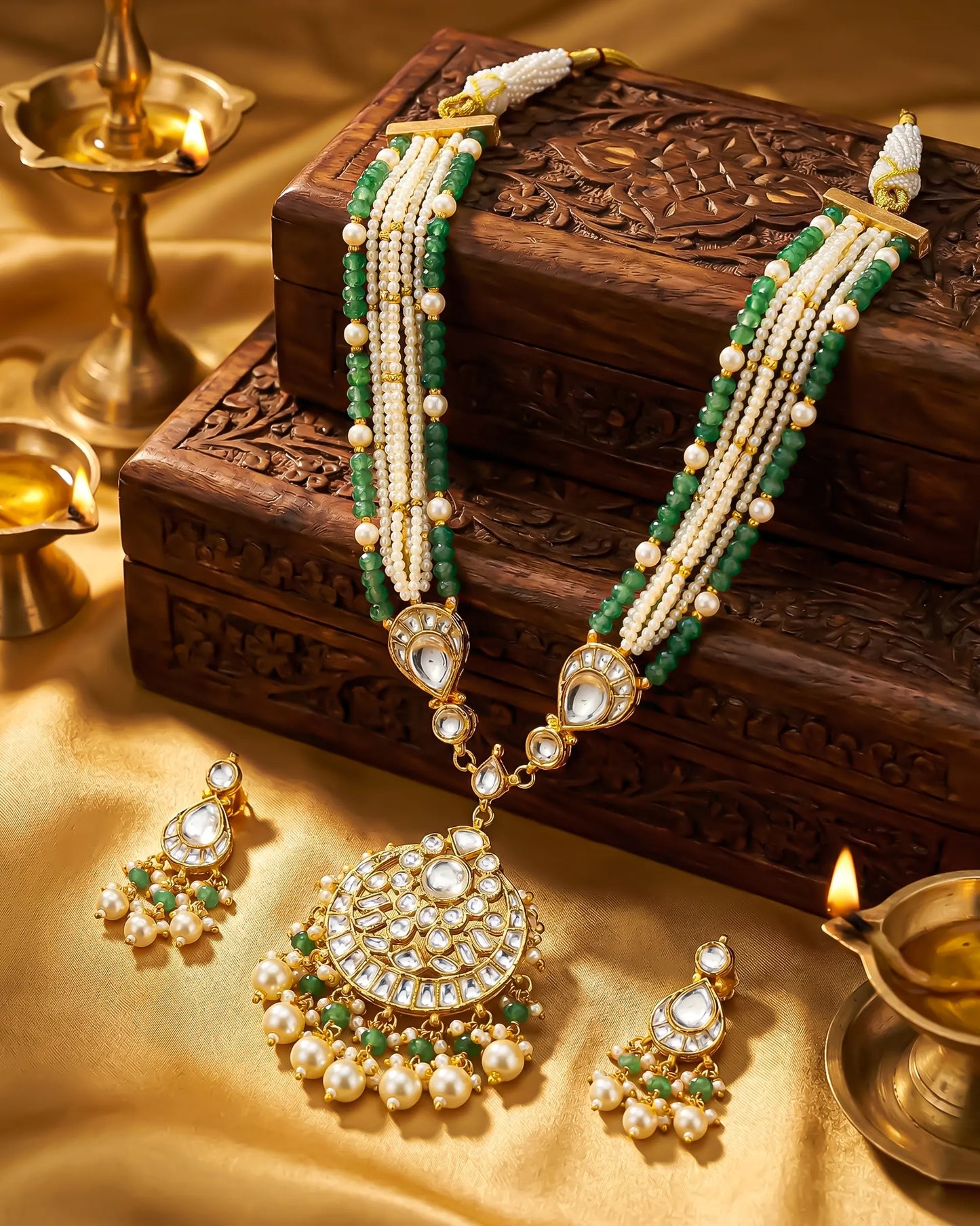 Kundan Pearl Necklace Set, Green Meenakari Ethnic Bridal Jewelry, Multi-Strand Pendant with Earrings