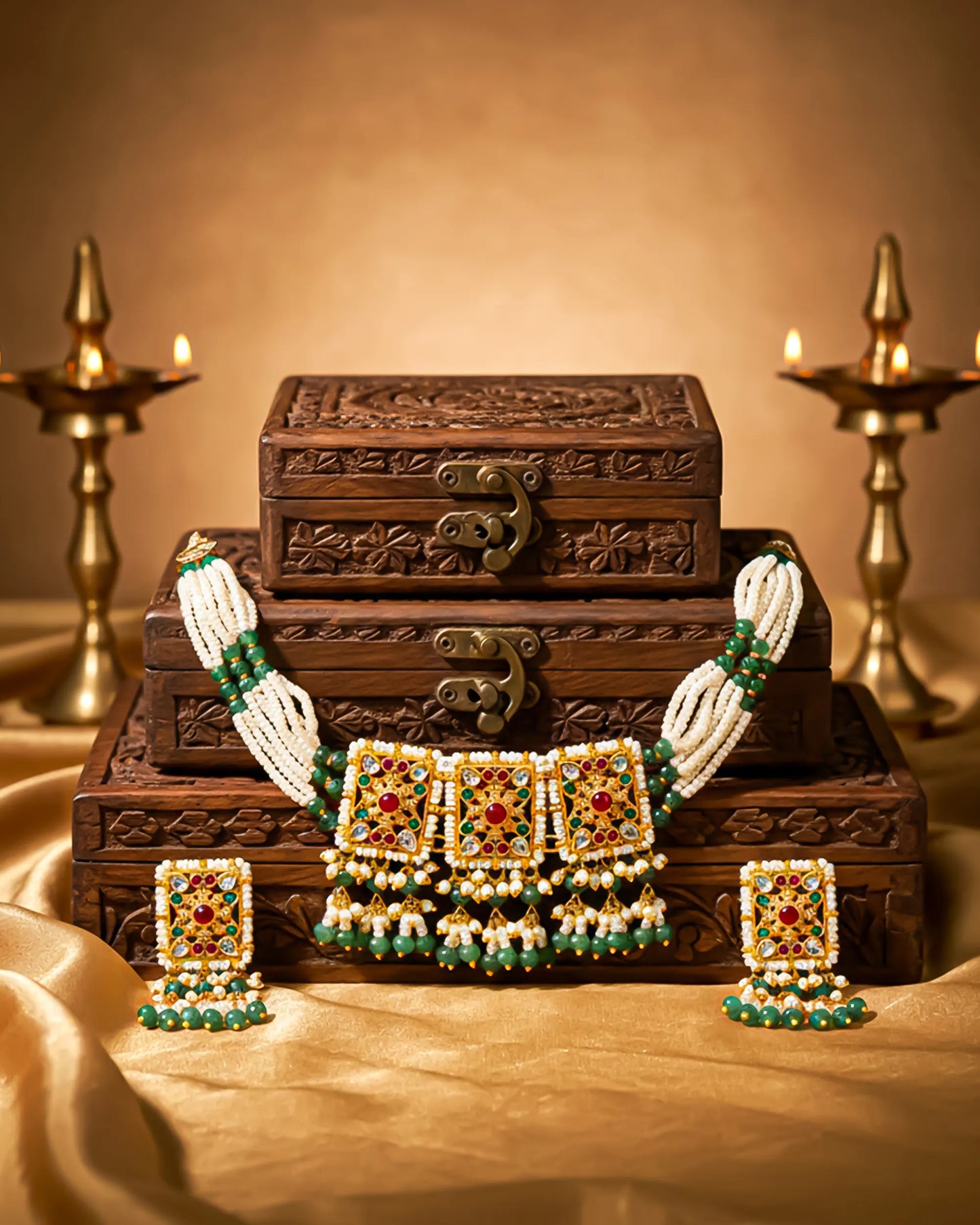 Kundan Polki Choker Necklace Set: Indian Wedding Jewelry, 18k Gold Plated Bridal Jewelry