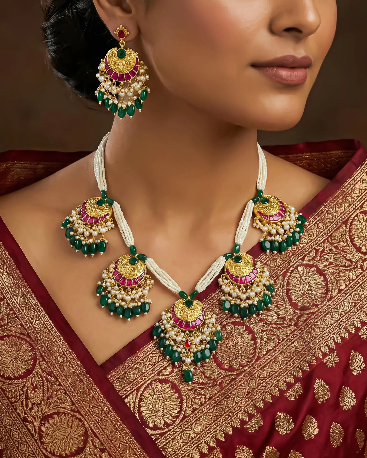 Kundan Meenakari Pearl Necklace Set with Dangle Earrings, Green Beads, Pearl Bridal Jewelry
