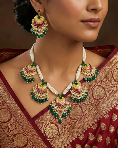 Kundan Meenakari Pearl Necklace Set with Dangle Earrings, Green Beads, Pearl Bridal Jewelry
