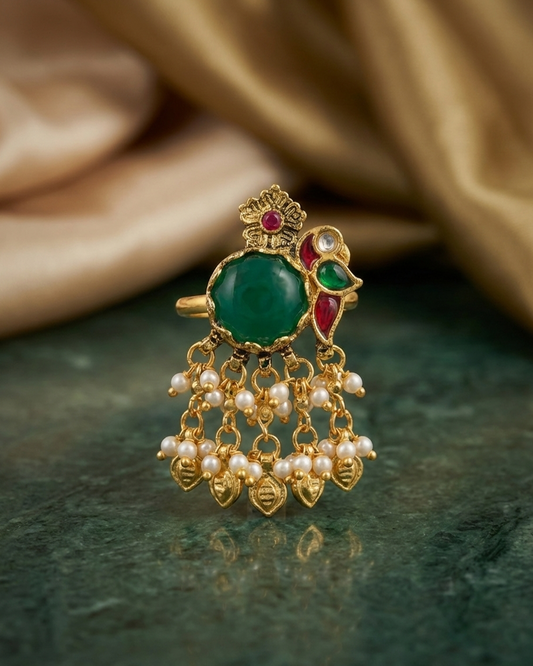 18k Gold Plated Green Kundan Pearl Jhumki Adjustable Ring Jewelry