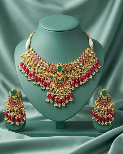 Traditional Regal Kundan Choker Set with Ruby Red and Emerald Green Hanging Beads