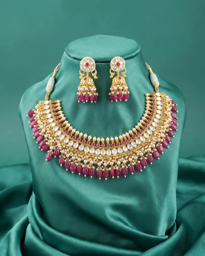 Gold Kundan Choker Necklace Set with Pink Beads, Pearls, Traditional Bridal Jewelry