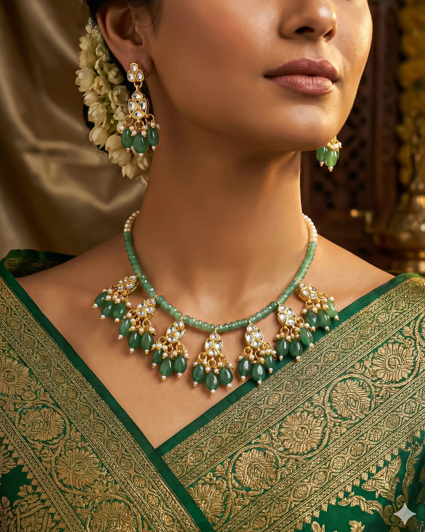 Handmade Kundan Bridal Jewelry Set: Green Beads and Pearls Necklace Earrings Jewelry