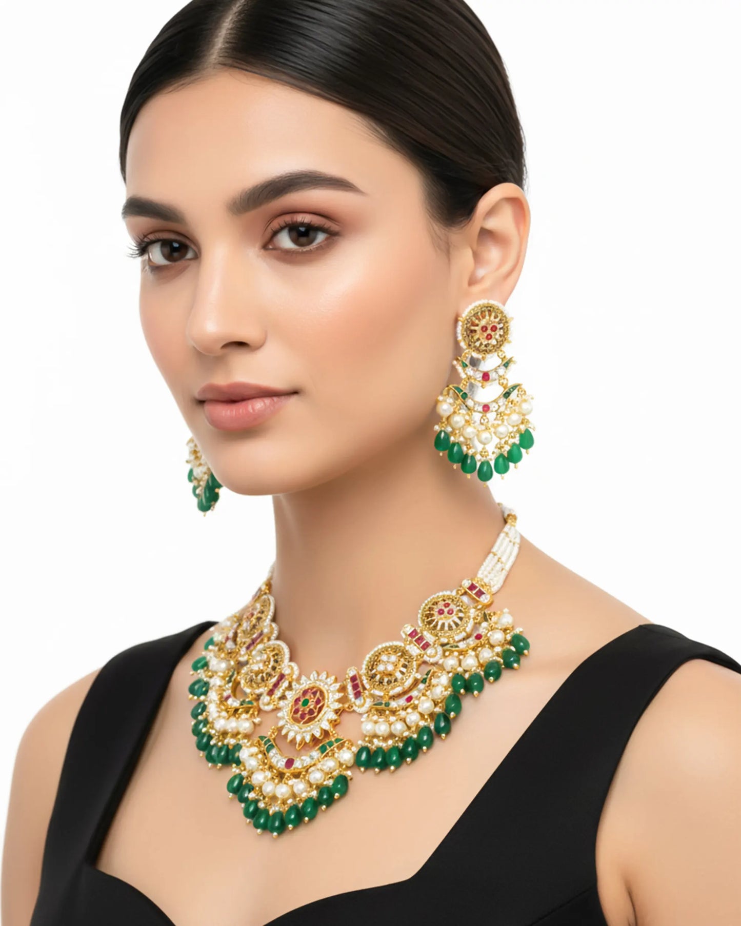 Indian Bridal Necklace Set, Gold Kundan Choker with Green Beads, Pearl Drops