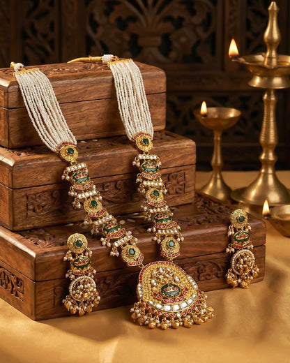 Antique Gold Kundan Bridal Necklace Set, Green Red Stones, Rajasthani Pearl Haar