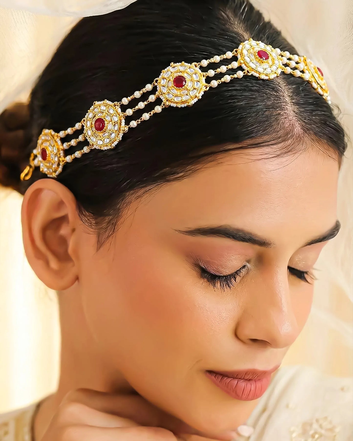 Kundan Pearl Matha Patti, Gold Red Boho Bridal Wedding Headpiece