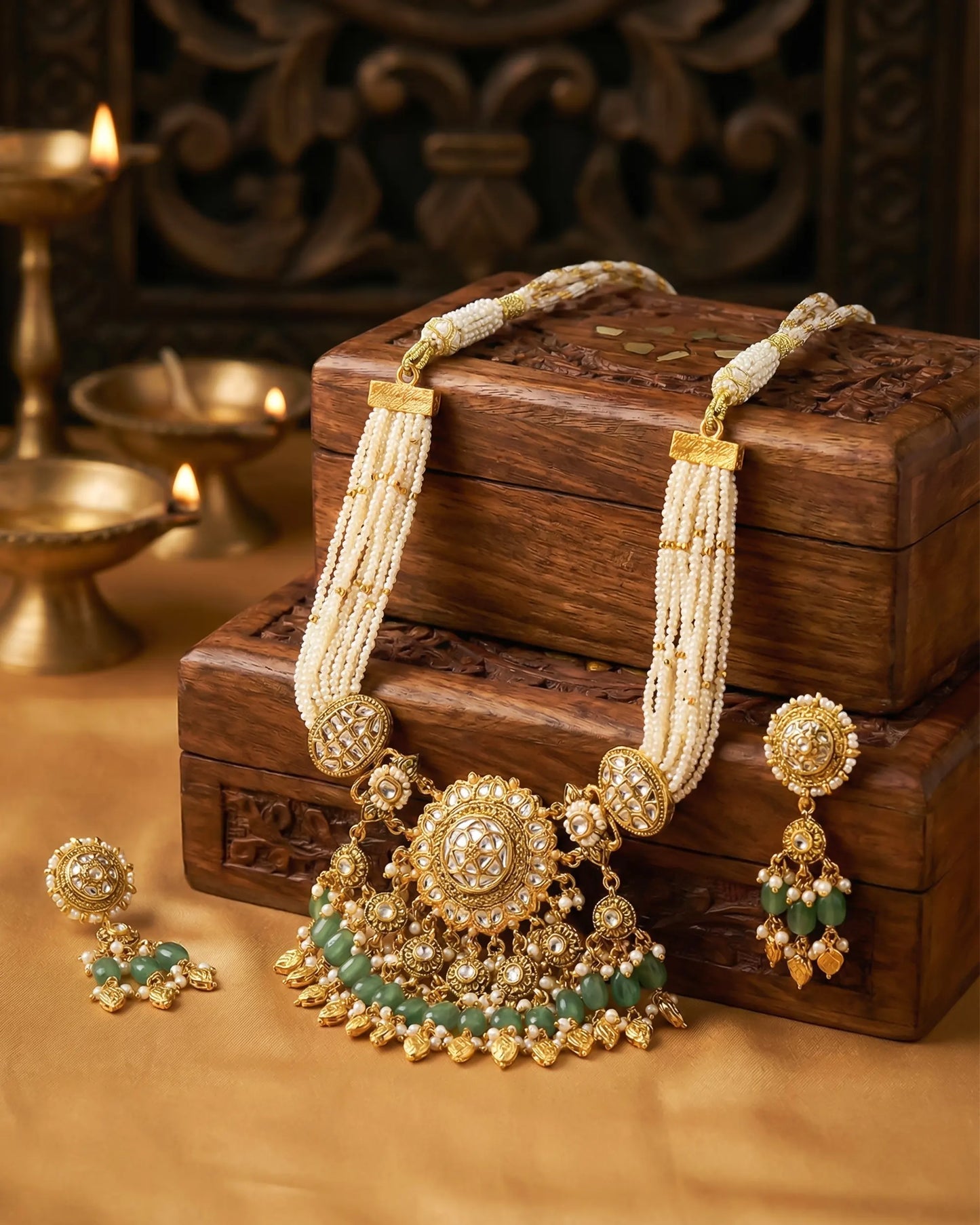 Kundan Pearl Bridal Necklace Set, Green Stone Indian Wedding Jewelry, Gold Ethnic Statement Earrings