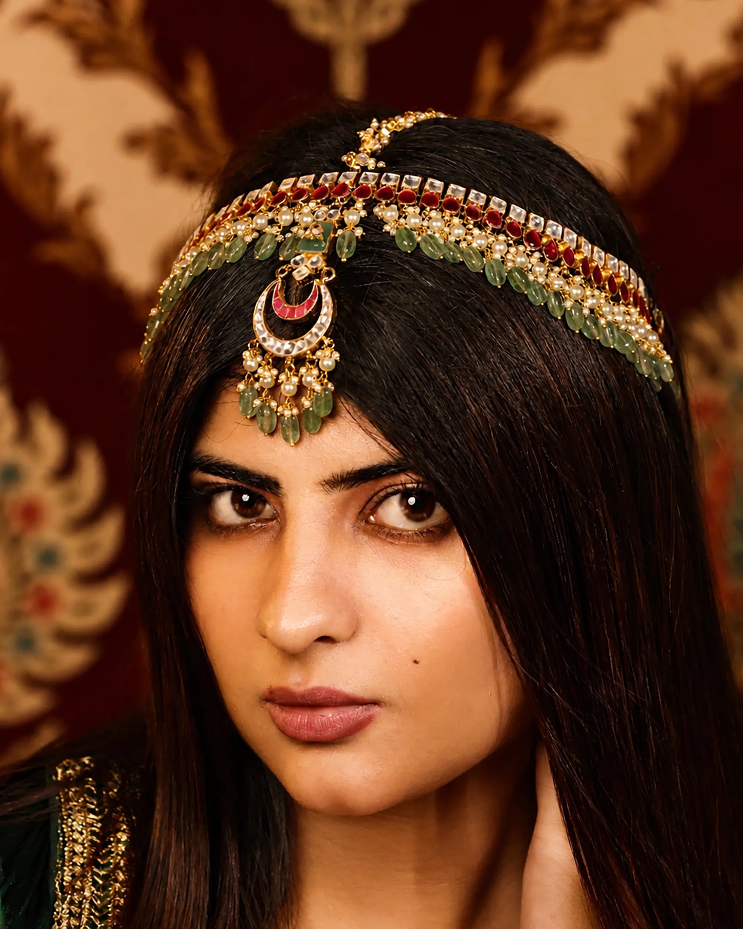 Bridal Kundan Sheeshpatti Matha Patti with Green Beads, Indian Wedding Head Jewelry, Gold Pearl Multicolor Headpiece