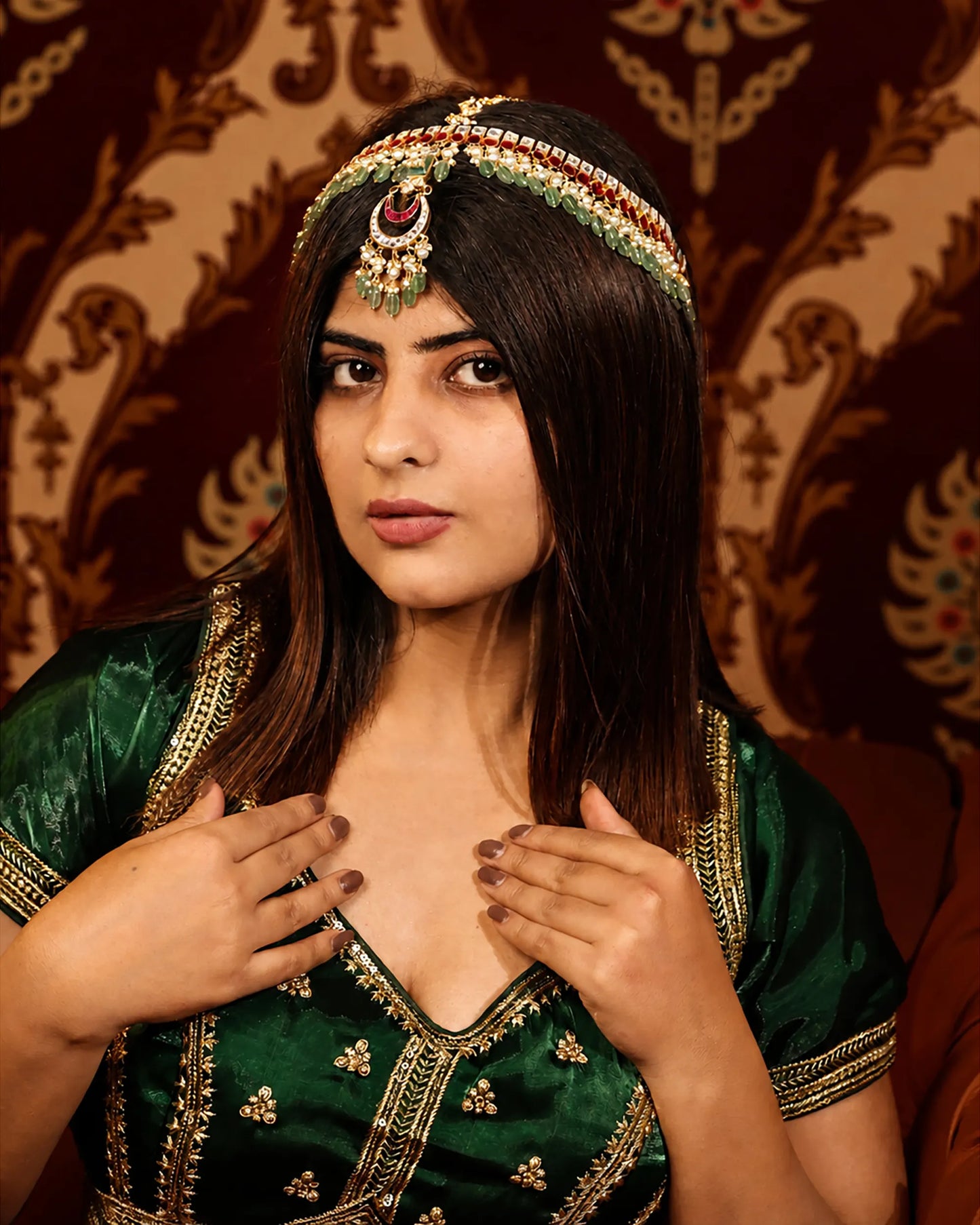Bridal Kundan Sheeshpatti Matha Patti with Green Beads, Indian Wedding Head Jewelry, Gold Pearl Multicolor Headpiece