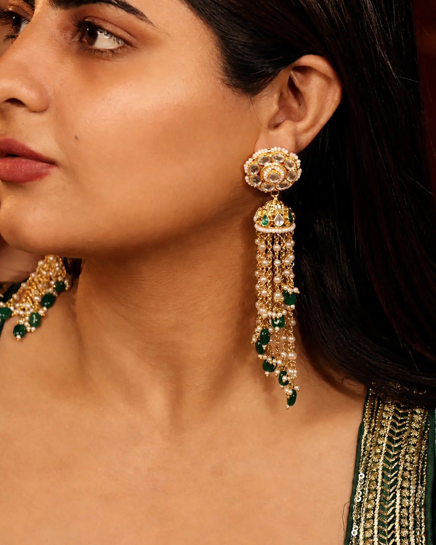 Gold Plated Jadau Jhumka Earrings with Green Beads
