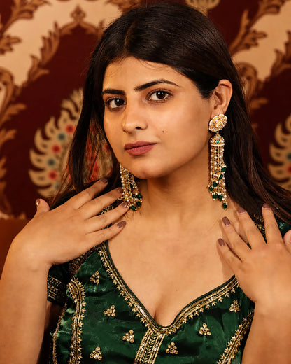 Gold Plated Jadau Jhumka Earrings with Green Beads