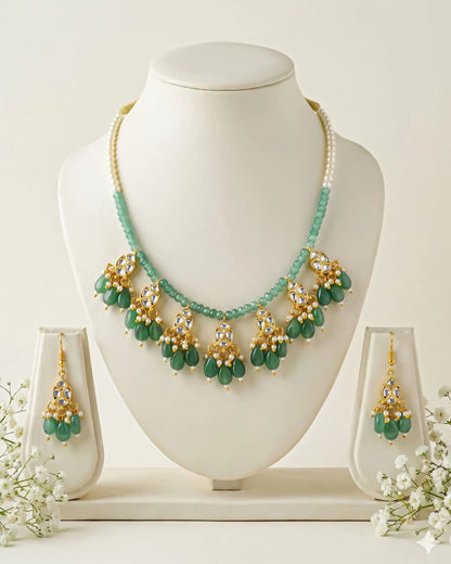 Handmade Kundan Bridal Jewelry Set: Green Beads and Pearls Necklace Earrings Jewelry