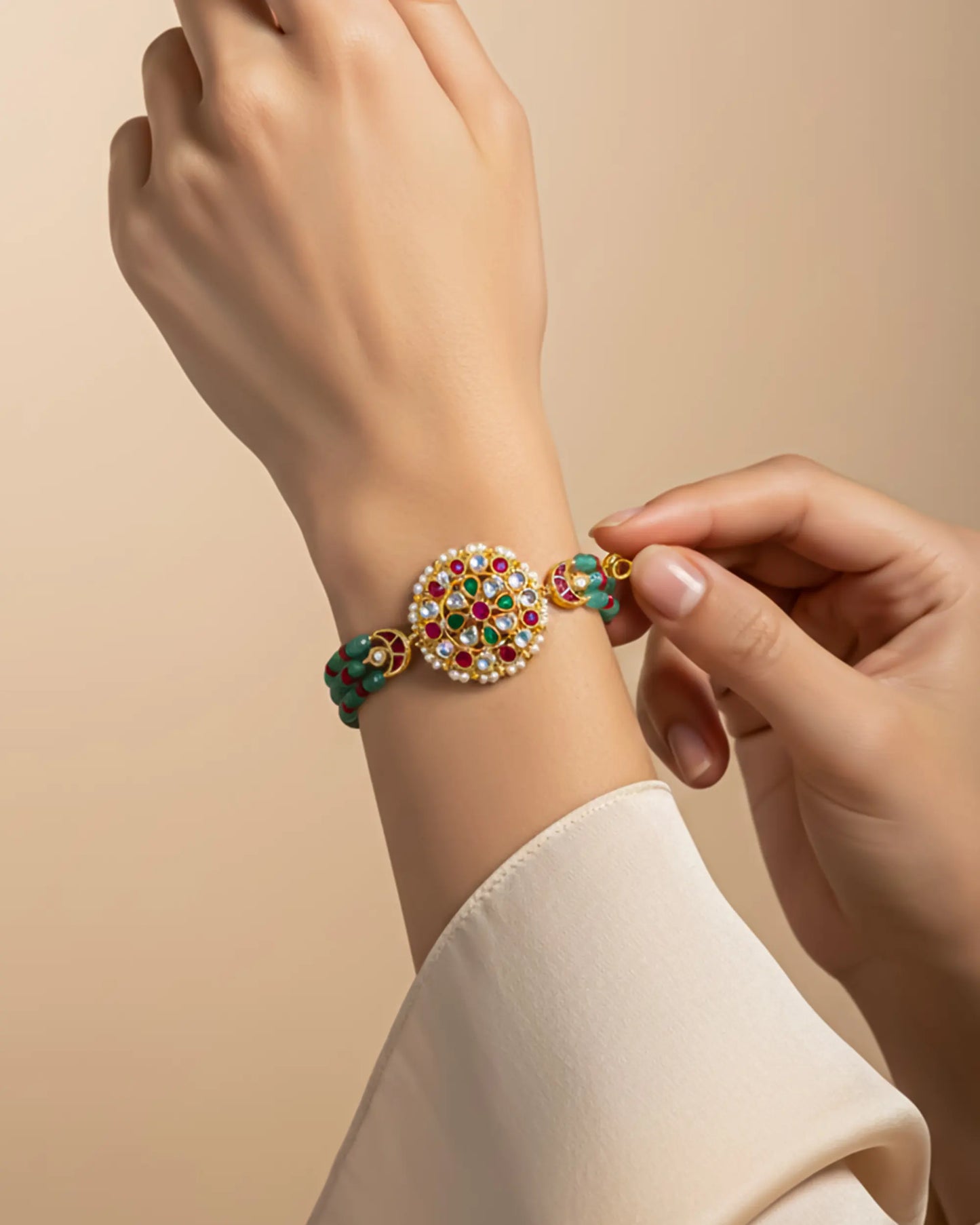 Kundan Beaded Bracelet, Gold Tone Ethnic Bridal Wedding Jewelry
