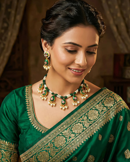 Handmade Kundan Meenakari Pearl Green Beaded Necklace Set, Bridal Wedding Jewelry
