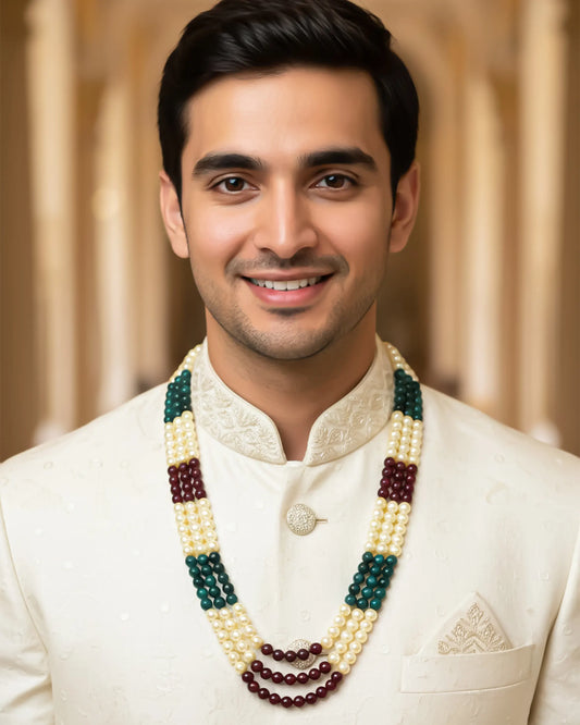 Multi-Layer Pearl Green and Pink Beads Dulha Mala Necklace, Traditional Indian Groom Sherwani Jewelry