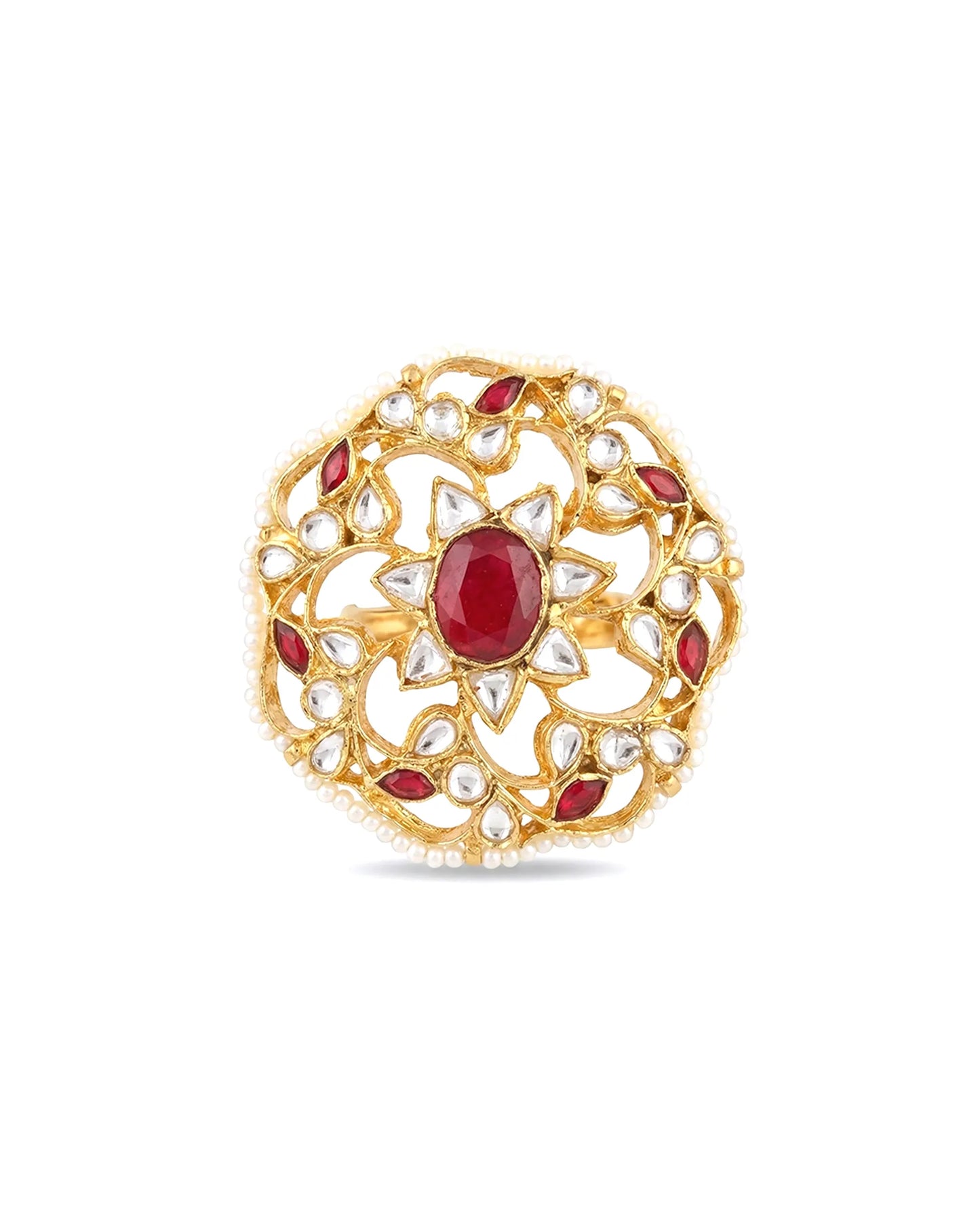 Gold-Plated Kundan Ring, Red Floral Statement Ring, Ethnic Wedding Jewelry