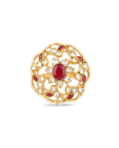 Gold-Plated Kundan Ring, Red Floral Statement Ring, Ethnic Wedding Jewelry