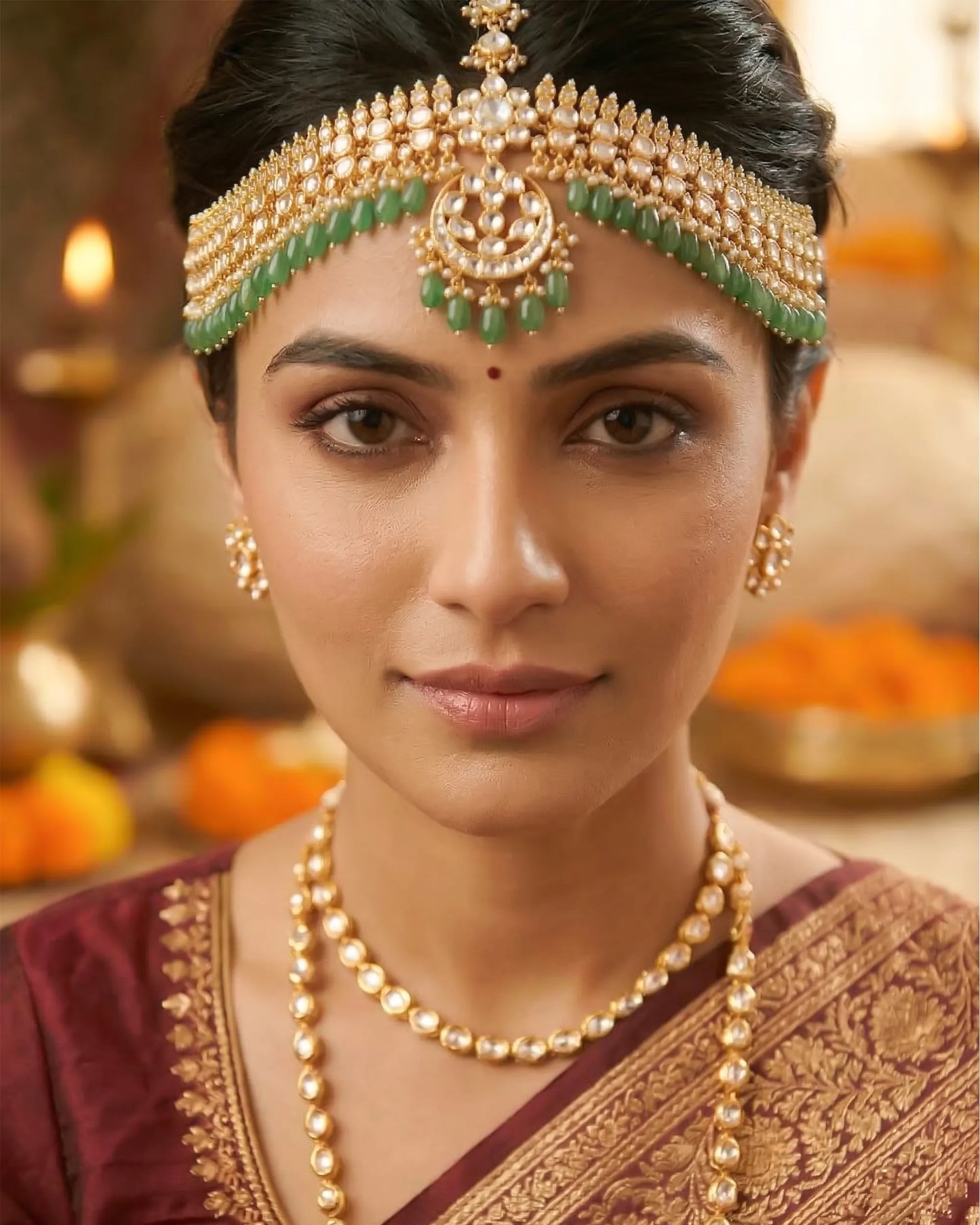 Gold Kundan Pearl Maang Tikka Set, Indian Bridal Headpiece, Wedding Jewelry