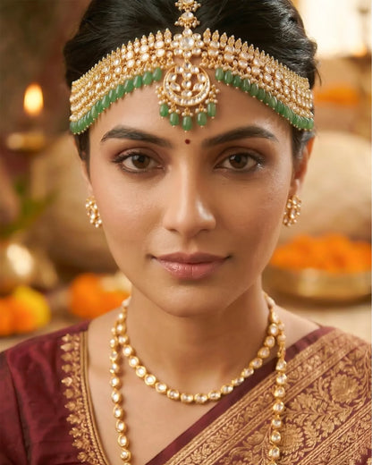 Gold Kundan Pearl Maang Tikka Set, Indian Bridal Headpiece, Wedding Jewelry