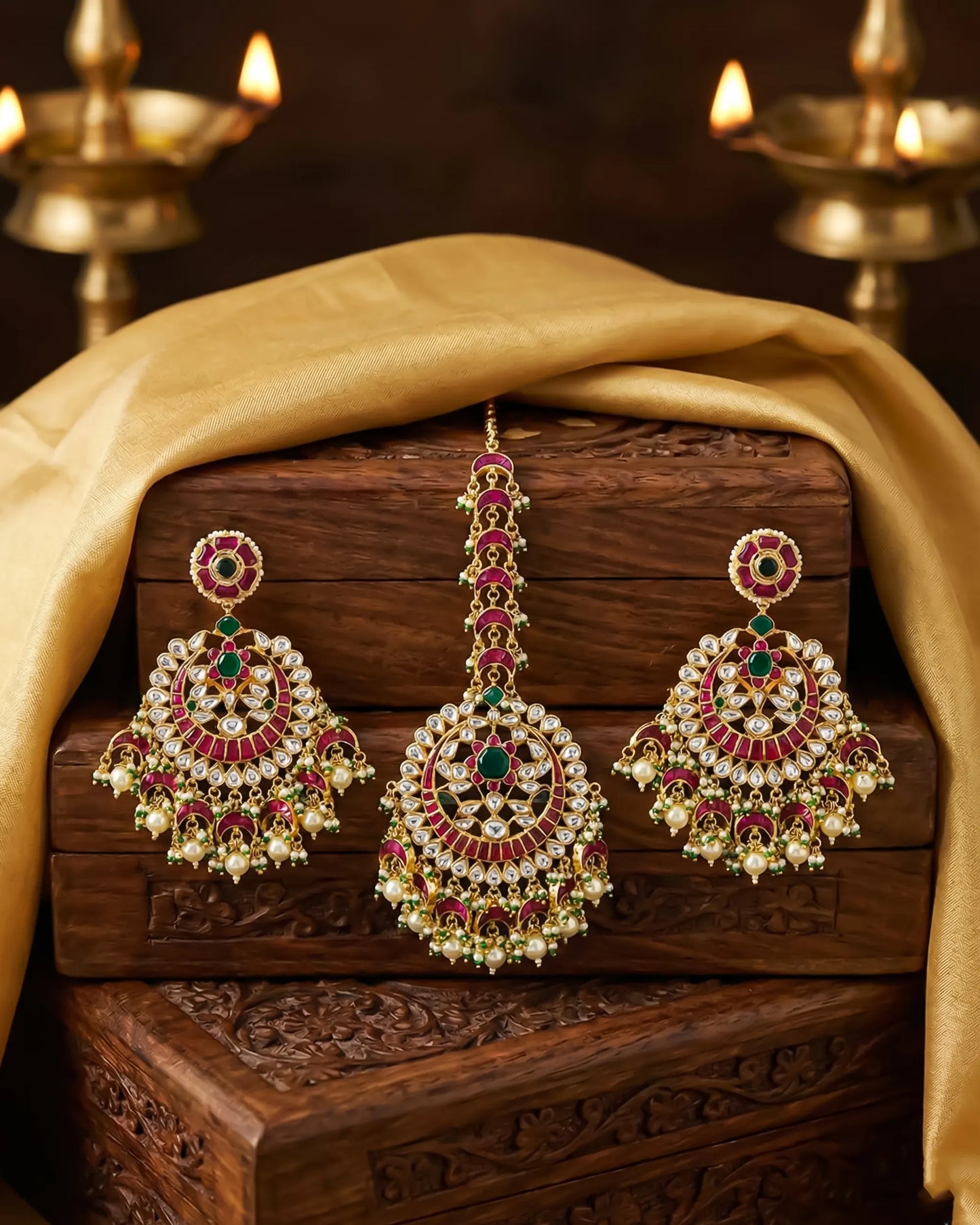 Gold Kundan Chandbali and Maang Tikka Set