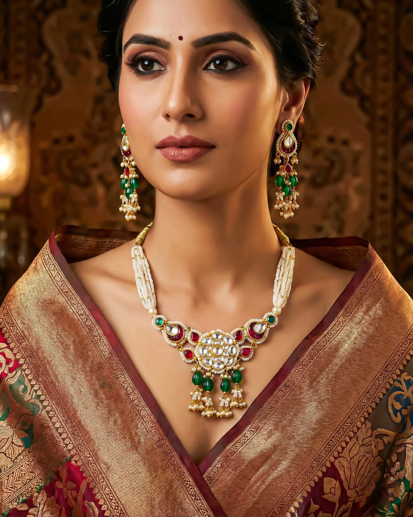 Elegant Pearl Beaded Necklace with Green Stone and Kundan Pendant, Handmade Indian Jewelry