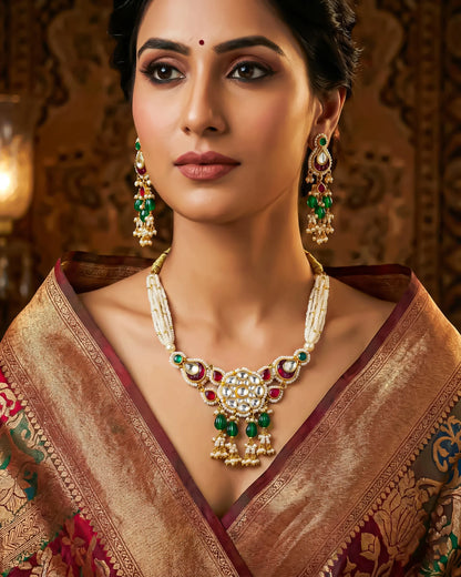 Elegant Pearl Beaded Necklace with Green Stone and Kundan Pendant, Handmade Indian Jewelry