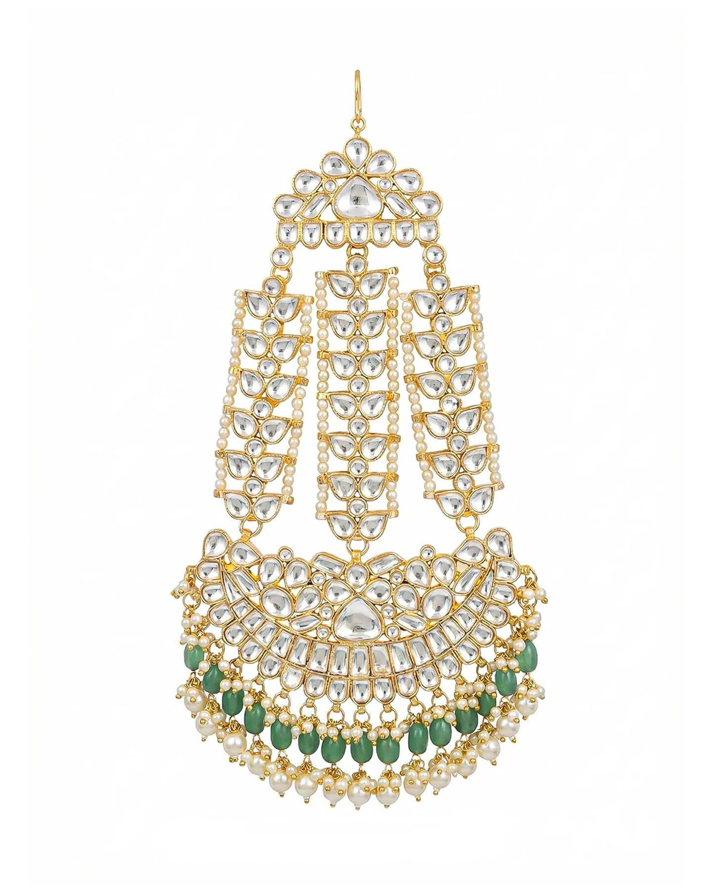 Handmade White Polki Bridal Pasa Jhoomar Jewelry, Green Bead Side Head Jewelry