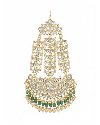 Handmade White Polki Bridal Pasa Jhoomar Jewelry, Green Bead Side Head Jewelry