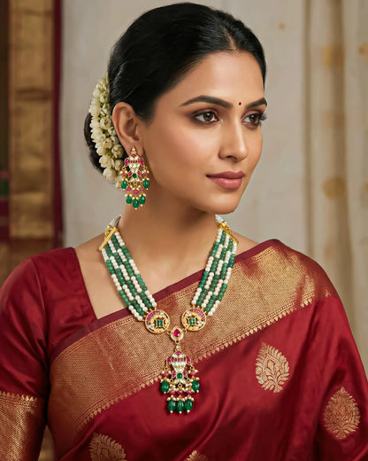 Kundan Meenakari Pearl Green Beaded Necklace Set, Indian Bridal Wedding Jewelry