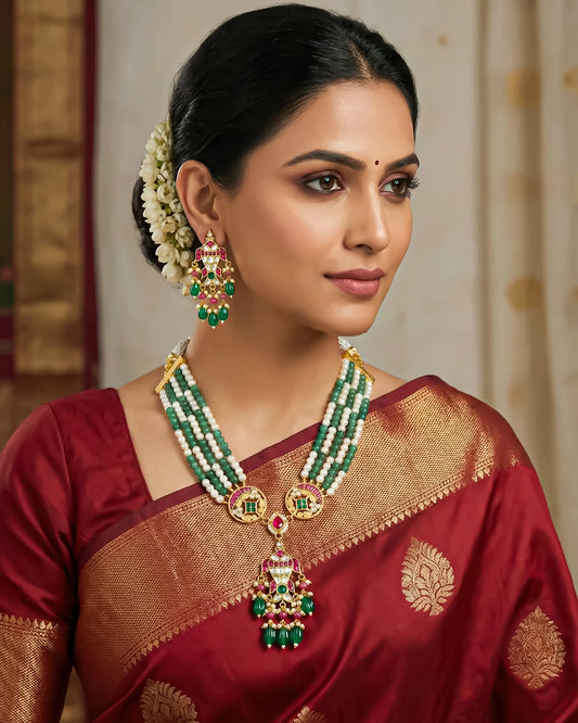 Kundan Meenakari Pearl Green Beaded Necklace Set, Indian Bridal Wedding Jewelry