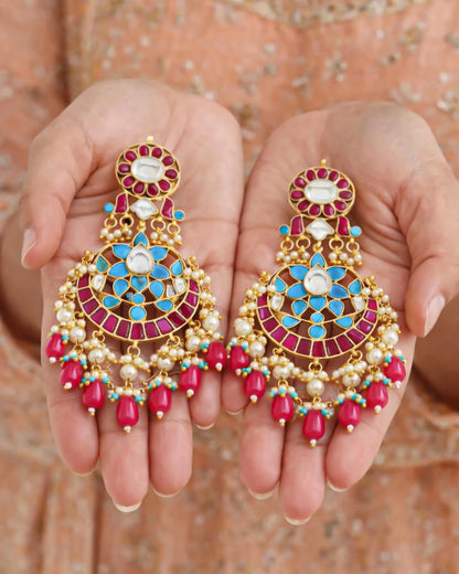 Gold-Plated Kundan Chandbali Earrings with Maang Tikka, Pearl Drop Indian Jewelry