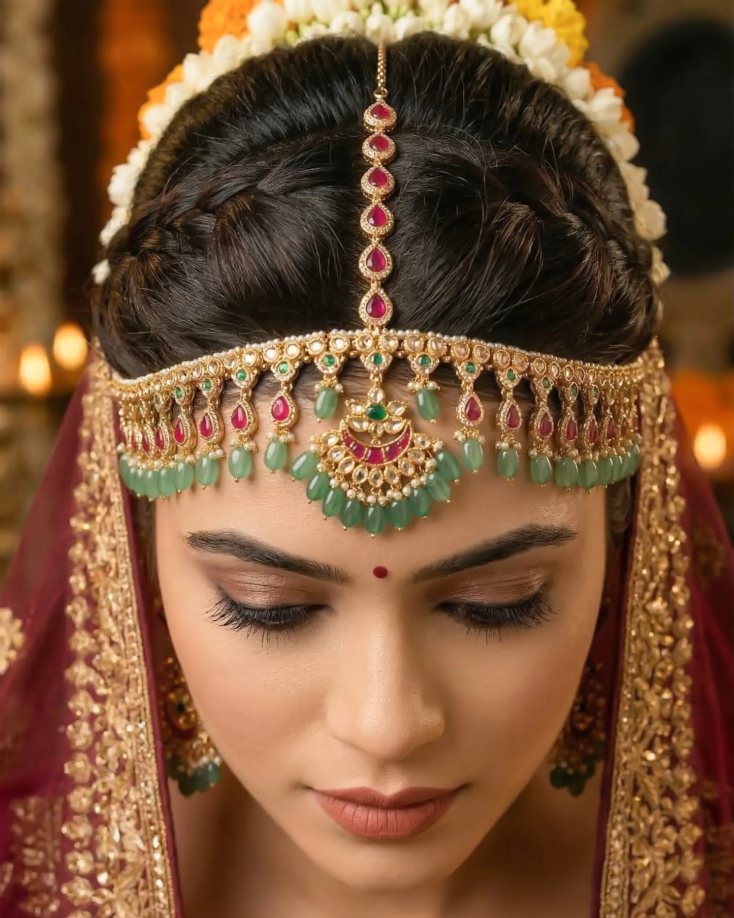 Indian Bridal Kundan Pearl Sheeshpatti Matha Patti Headpiece, Gold Wedding Tikka with Ruby & Green Stones, Bridal Hair Accessory
