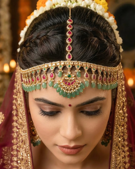 Indian Bridal Kundan Pearl Sheeshpatti Matha Patti Headpiece, Gold Wedding Tikka with Ruby & Green Stones, Bridal Hair Accessory