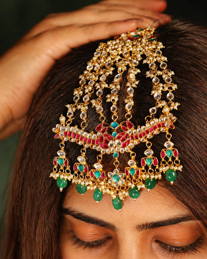 Layered Kundan Passa Headpiece, Gold-Plated Bridal Jhoomar, Mughal Ethnic Jewelry