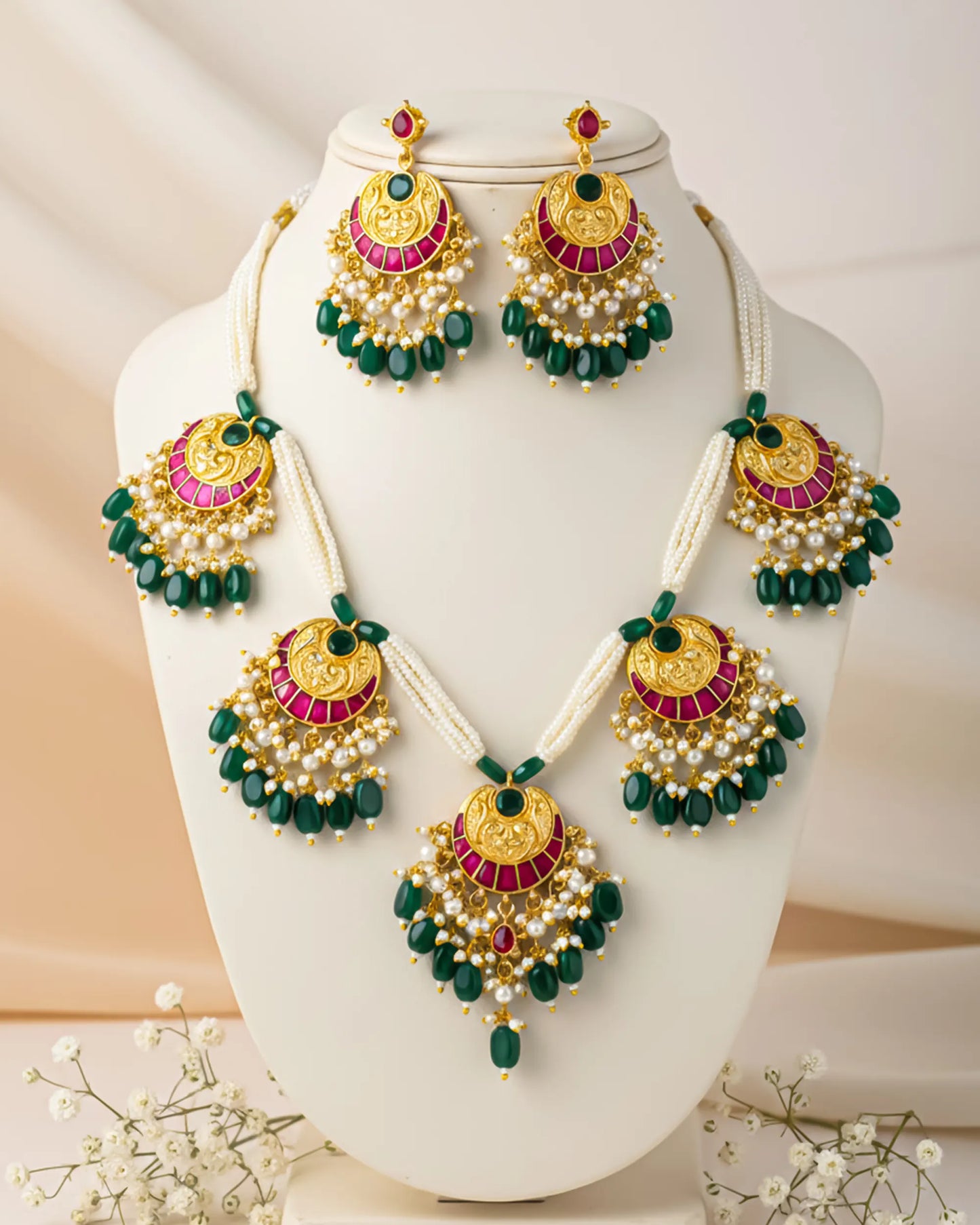 Kundan Meenakari Pearl Necklace Set with Dangle Earrings, Green Beads, Pearl Bridal Jewelry